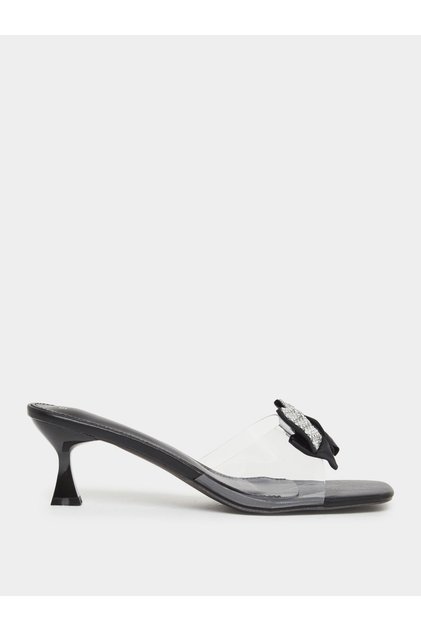 Women Black Kitten Heel Sandals with Bow Detail