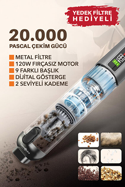 NEFFO Araç Süpürgesi Şarjlı 120W 20.000Pa Göstergeli Yeni Nesil