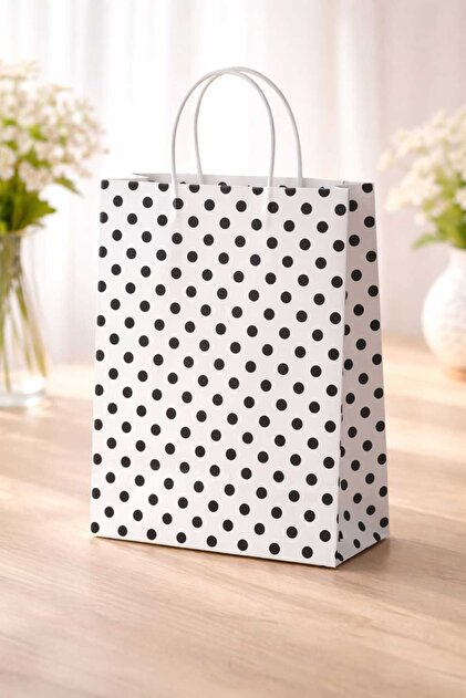25 ADET PUANTİYE DESENLİ 18*8*24 BEYAZ KRAFT ÇANTA