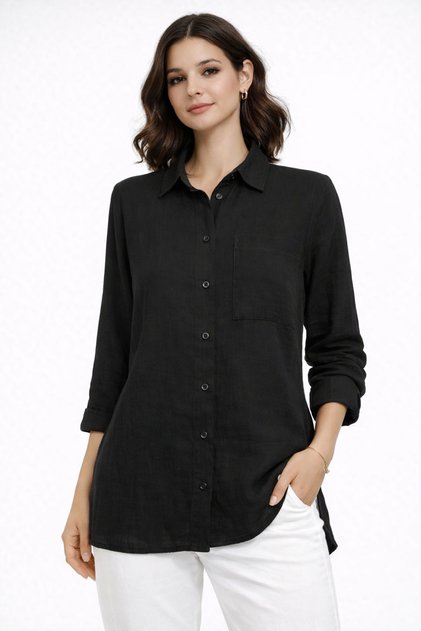 Women's Black Muslin Shirt Single Pocket Relaxed Fit Long Sleeve -