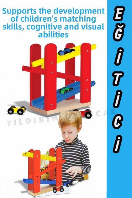 Wooden Race Car Play Ramp 5 Piece Wooden Parking Lot with 4 Additional Cars