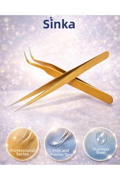 Professional Silk Eyelash and Epilation Tweezers Set of 2 Straight and Curved Gold