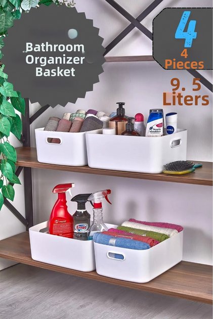 Tidyo 4-Piece 9.5 Lt Large Size Bathroom Organizer Basket, Decorative Refrigerator Organizer