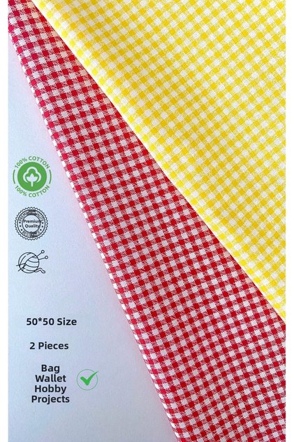 2 Pieces of 50 cm Yellow Red Gingham Patterned Cotton Fabric for Bags, Wallets, Hobby Work