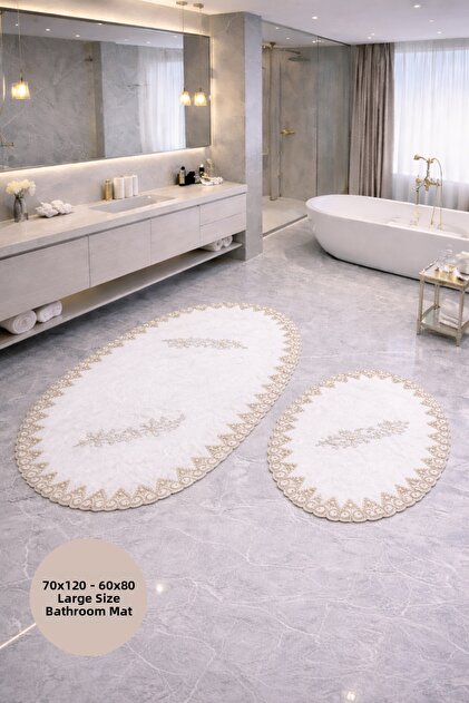 Alvessa White-Beige French Lace Laced Soft Surface Leather Non-Slip Based 2-Piece Bath Mat