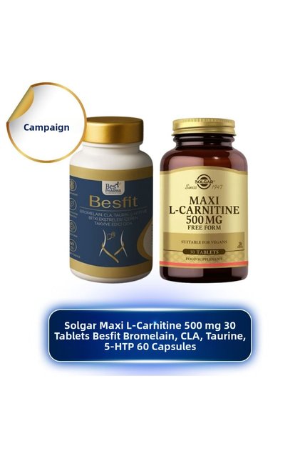 Maxi L-Carnitine 500 Mg 30 Tablets and Besfit Bromelain, Cla, Taurine, 5-Htp 60 Capsules