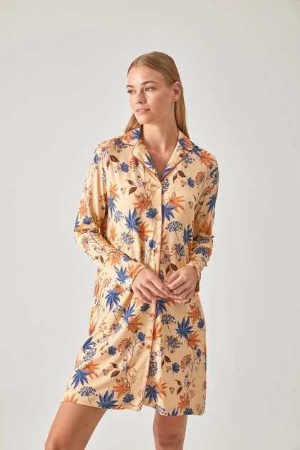 APRICOT COLOR FLOWER PATTERN SHIRT NIGHTWEAR