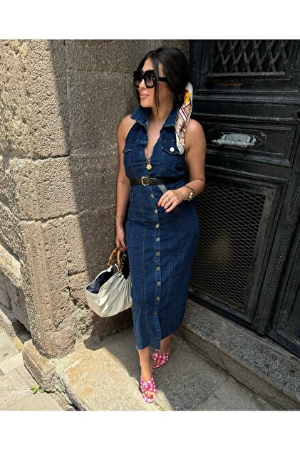 MADAME MELEK Belted Jeans Dress Denim Lycra Back Draped- Trendyol