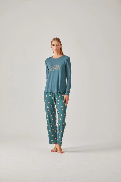 Green Printed T-Shirt Polka Dot Pants Viscose Women's Pajama Set