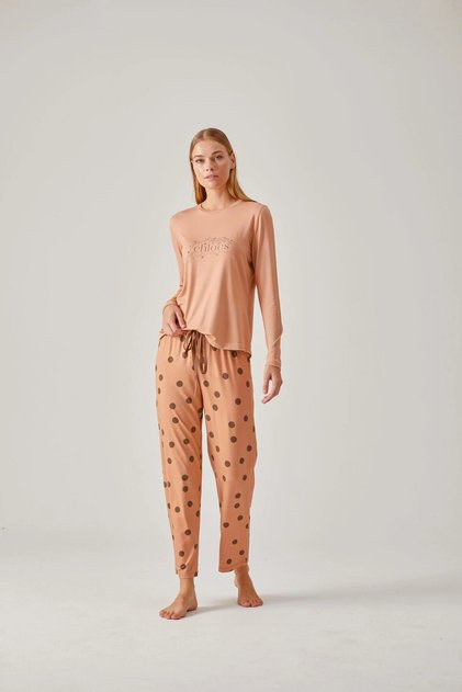 Salmon Printed T-Shirt Polka Dot Pants Viscose Women's Pajama Set