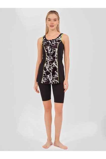 Patterned Piping Decorated Strap Semi-Closed Swimsuit - Black -