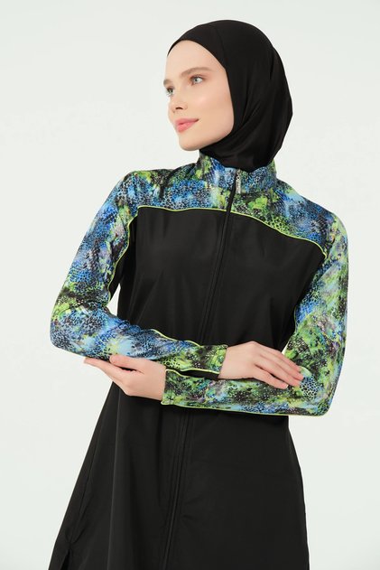 Trop Patterned Hair Piping Decorated 5 Piece Quick Dry Full Covered Hijab Swimsuit Set 25416-2