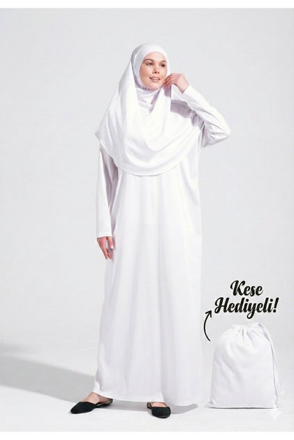 Women's White Practical One-Piece Non-Slip Hijab Easy-To-Wear Mevlüt Prayer Dress with Bag _2133