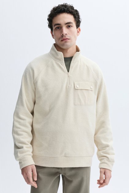 Men's Beige Color Comfort Fit Zippered Stand Collar Sweatshirt
