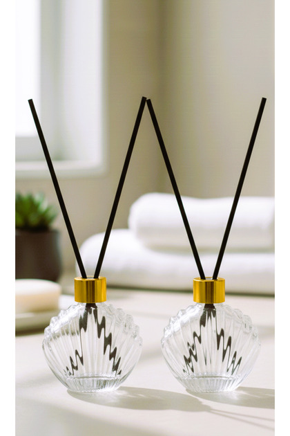 2 li Set İstiridye Model Cam Şişe Gold Kapaklı Fiber Bambu Çubuklu BOŞ Oda Kokusu Şişesi 2x50ml