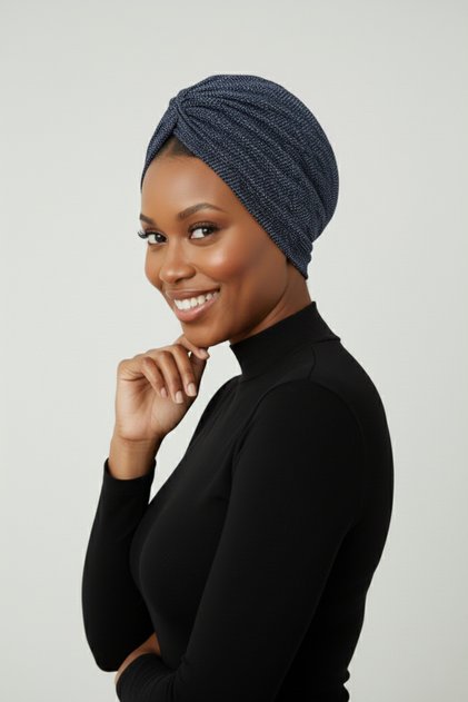 Draped Navy Blue Double-Sided Ready-To-Wear Turban Hijab with Mottled Pattern, Suitable for Medical Use