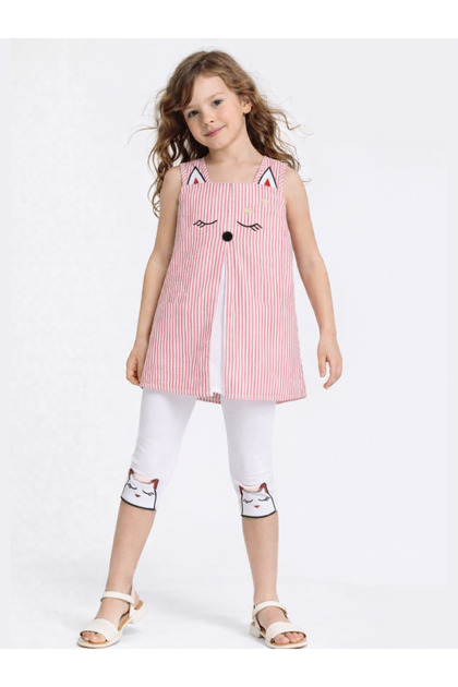Cat Themed Woven Fabric Designed, Girl's Tunic & Leggings Set