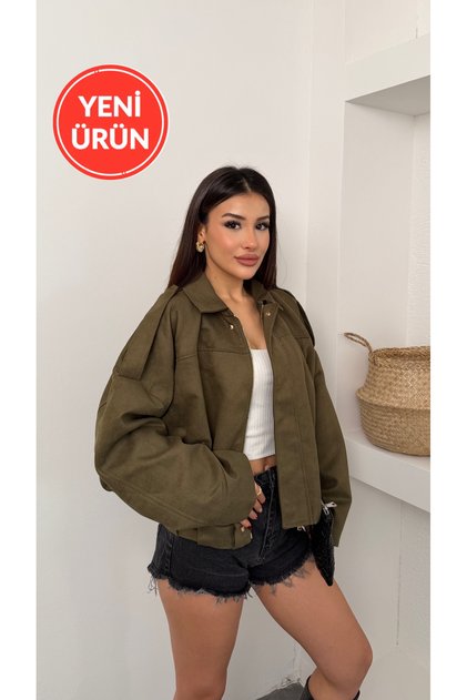 Women's Premium Suede Epaulet Bomber Jacket Khaki