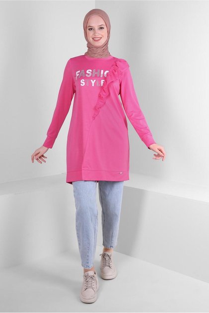Text Printed Ruffle Detail Sweatshirt Tunic 43699