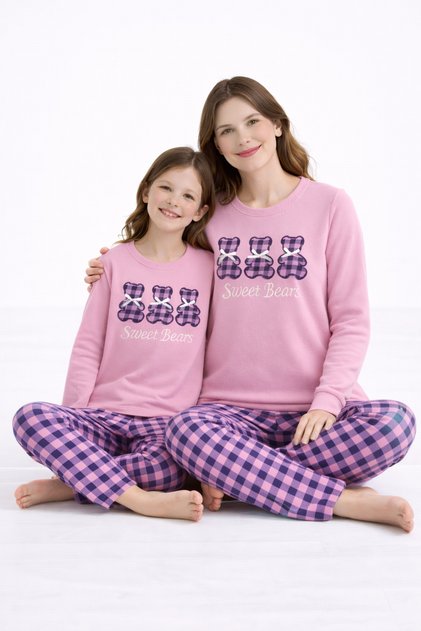 Powder Pink Teddy Bear Embroidered and Ribbon Detailed Thermal Mother-Daughter Pajama Set Combination