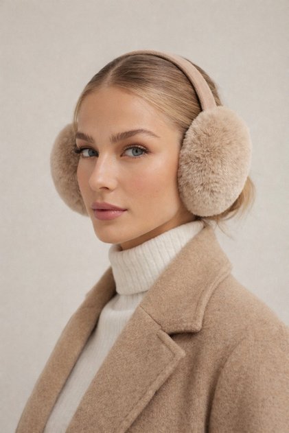 Peluş Kışlık Kulaklık Tüylü Katlanabilir Kulaklık Krem