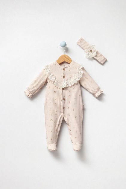 BABY GIRL LACE DETAILED BANDANED FRONT OPENING JUMPSUIT