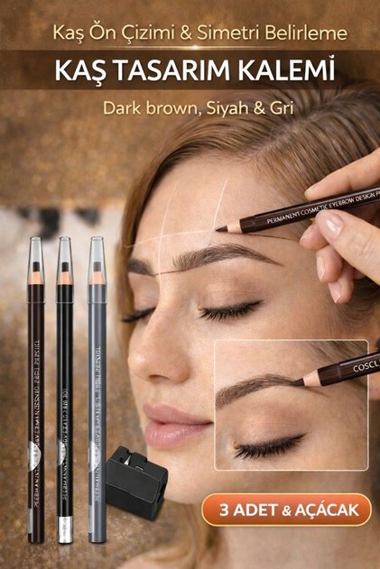 3 ADET KALICI MAKYAJ İPLİ İŞARETLEME TASARIM KALEMI WATERPROOF + KALEM AÇACAK APARATI
