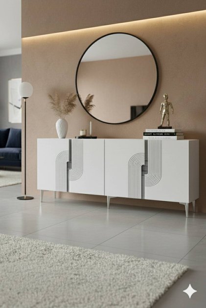 KA1804BS - DÜNYA KONSOL, TV SEHPASI, ÇOK AMAÇLI DOLAP ve KAHVE KÖŞESİ 180cm BEYAZ-SİLVER
