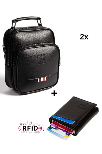 Men's Black Hand and Shoulder Bag with Cross Strap and Mechanism Card Holder Wallet