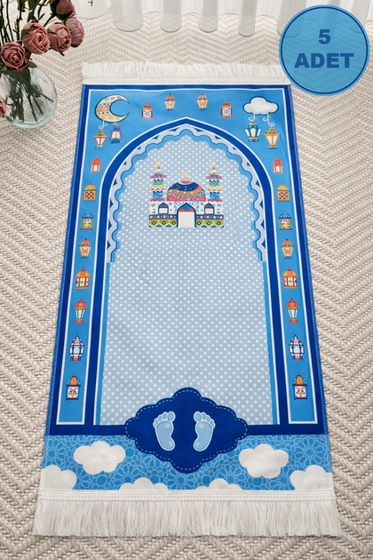 5 Pieces Blue Decorative Digital Printed Non-Slip Educational Small Children's Prayer Mat Gift 45X90Cm