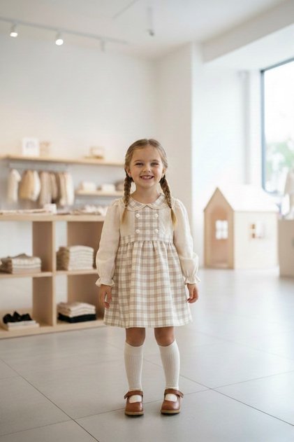 My Little Girl's Plaid Button Detailed Cotton Dress - Brown