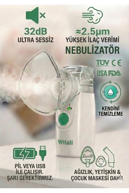 Wollex Mesh Çocuklar ve Yetişkinler için Taşınabilir Nebulizatör PİLLİ ve USB den çalışır