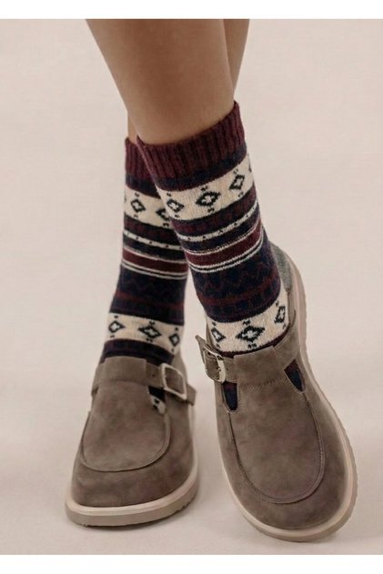 Women's Winter Thermal Wool Lambswool Warm Burgundy Black Rug Patterned Socks
