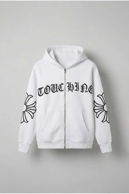 Men's Oversized Printed Kangaroo Pocket Zippered Hoodie White