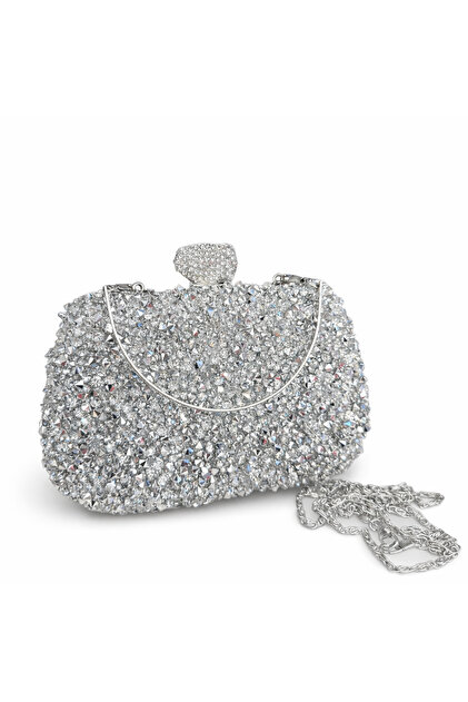 Women's Silver Stone Evening Dress Handbag – Chain Strap, Crystal Detailing