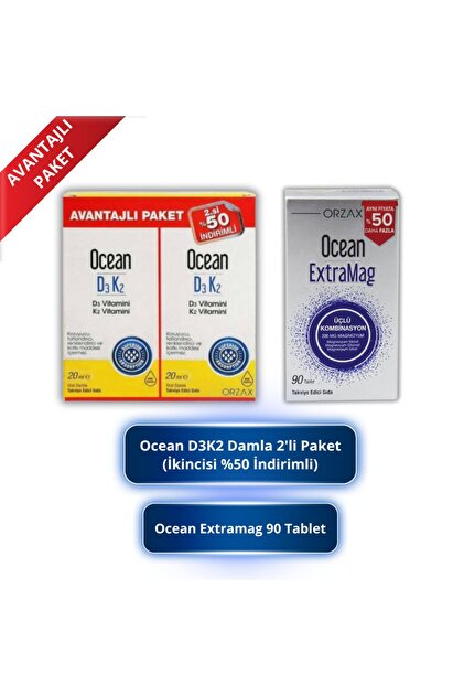 Orzax Ocean D3K2 Damla 20 ml (İkincisi %50 ) + Ocean Extramag 90