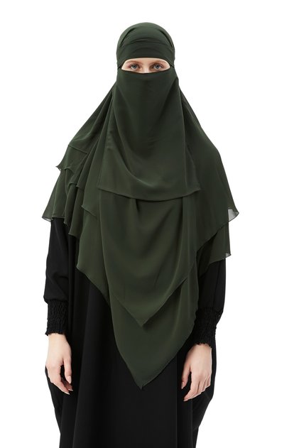 Ready Practical Chiffon Triple Layer with Veil Triangle Hajj Umrah Shawl Souffle Hijab Nikap Khaki