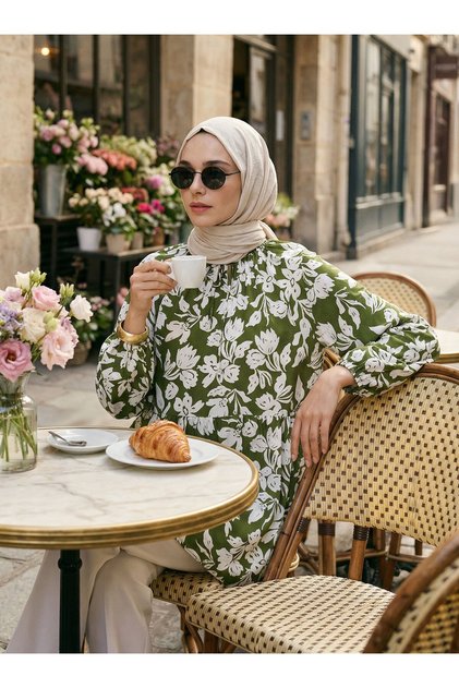 Floral Printed Voile Tunic - Green -