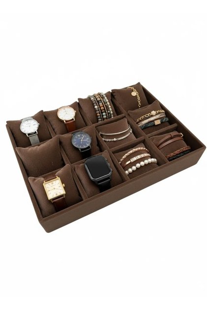Domestic Production Tokyo Model Suede Fabric Brown Color 34/24 Cm Drawer Padded Watch And Jewelry Box