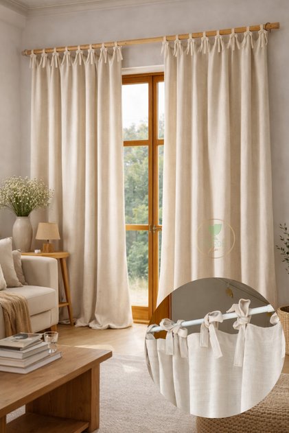 Tie-String Vintage <b>100%</b> Cotton-Linen Natural Buldan Curtain Rustic Curtain