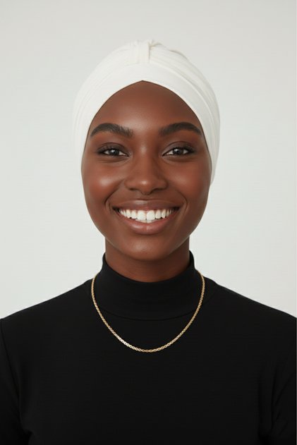 Ribbed Cream Sponge Ready-To-Wear Turban Hijab with Bands (Front and Back Bands) Pool Cap