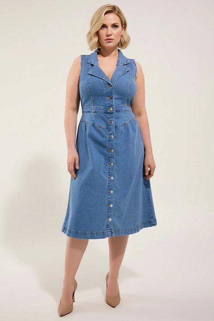 Women's Plus Size Jacket Collar Sleeveless Denim Dress Midi Length Solid Pattern Stylish