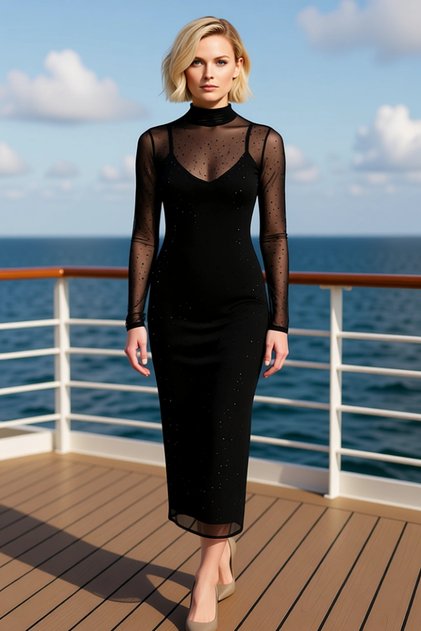 Women's Mock Neck Long Sleeve Bodycon Fit Plain Patterned Tulle Evening Dress Functional Durable Stylish