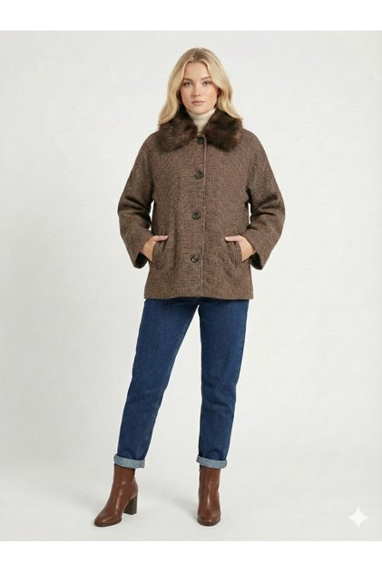 Women's Fur Collar Patterned Draped Oversized Mold Jacket D99841