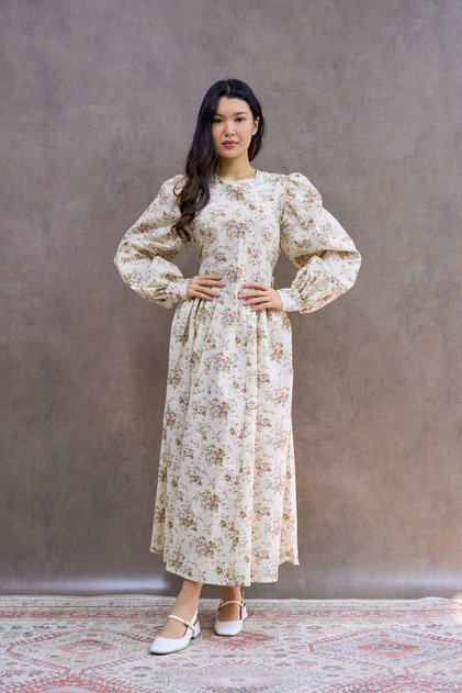Cream Vintage Floral Pleated Long Women's Dress