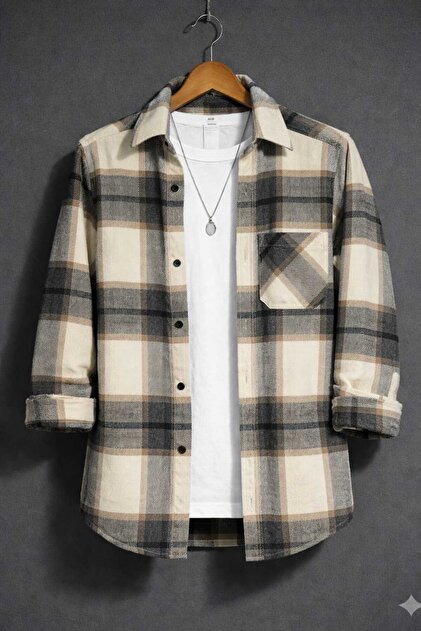 Single Pocket Detailed Plaid Textured Cashmere Cotton Winter Lumberjack Shirt
