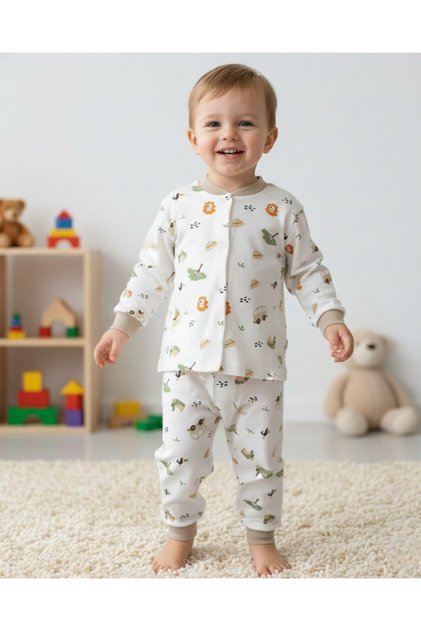 Boy's Printed 2-3-4-5-6 Years Old Snap Fastener Transitional Nightwear Pajama Set L Top and Bottom 2-Piece Set