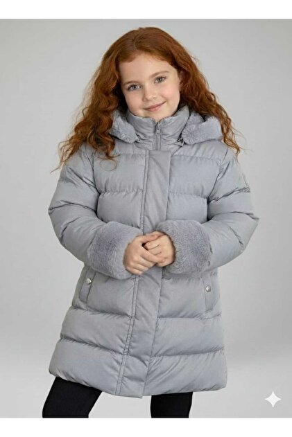 Girl's Puffer Jacket Furry Gray Pearlescent Sparkling Removable Hooded Zippers Gray