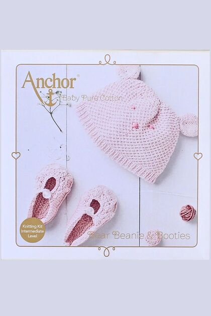 Baby Pure Cotton Baby Beanie and Booties Crochet Kit, Pink