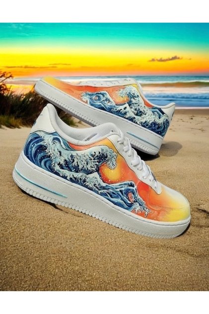 Hokusai Great Wave Design Colorful Yellow Blue Sneakers